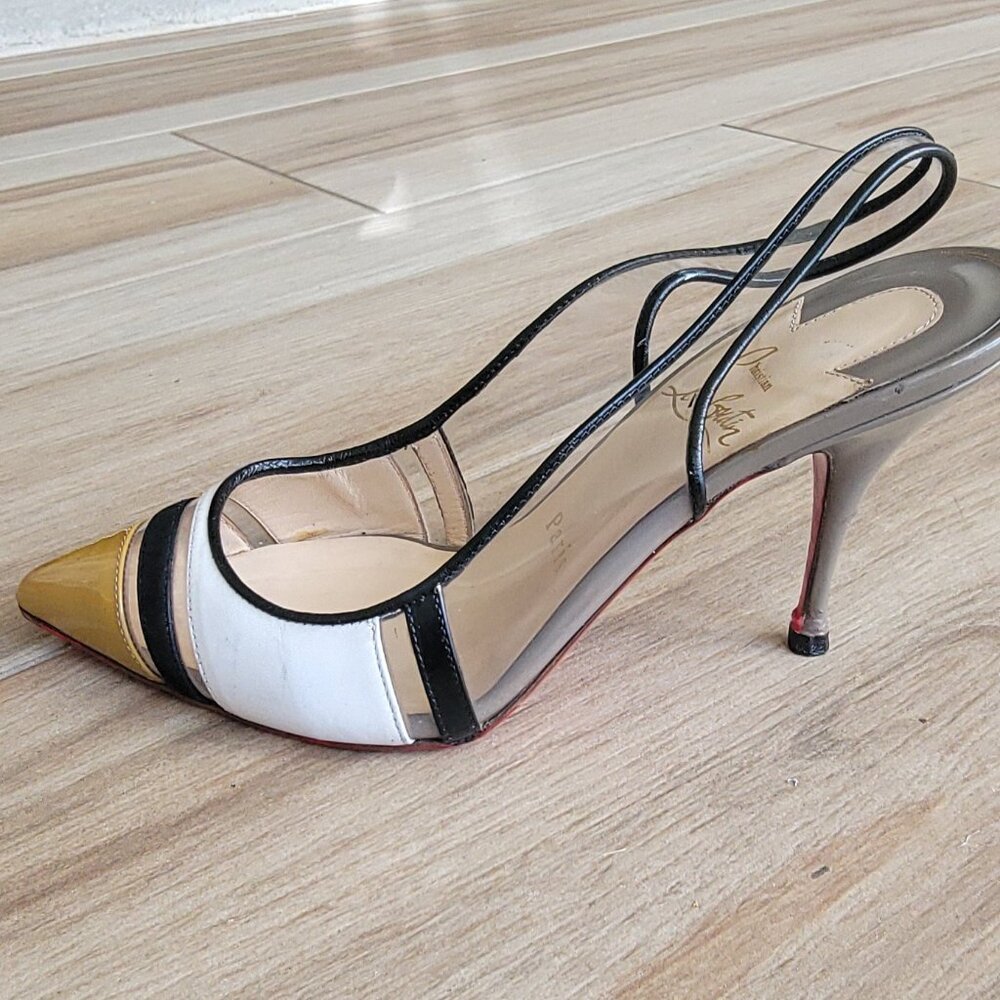 Christian LouBoutin HighWay Beige Black PVC/ Leather Sling Back Shoes Eur.37